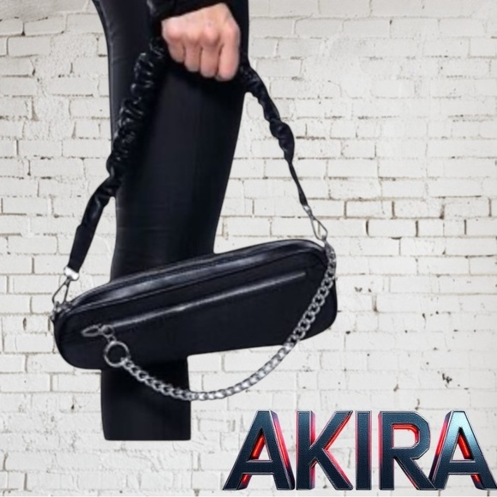 AKIRA Black Asymmetrical Chained Ruffle Shoulder Bag